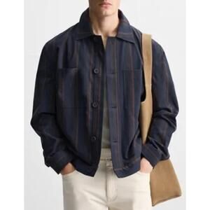 ZARA Navy Contrast Striped Overshirt Sport Lightweight Jacket NEW Size Large